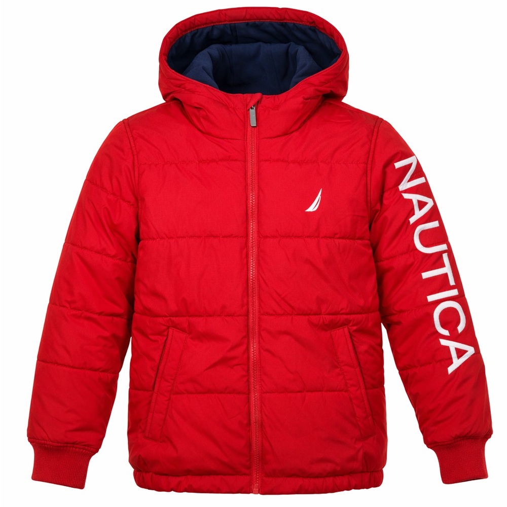 Nautica Youth Red Hooded Puffer Jacket Fleece Lined Size 8 Winter Coat